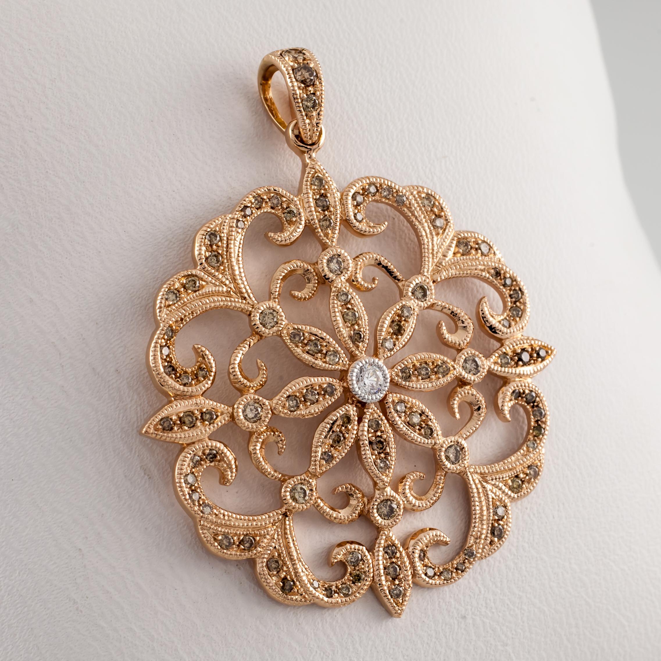 Modern 14k Rose Gold 1.00 Carat Diamond Floral Pattern Pendant For Sale