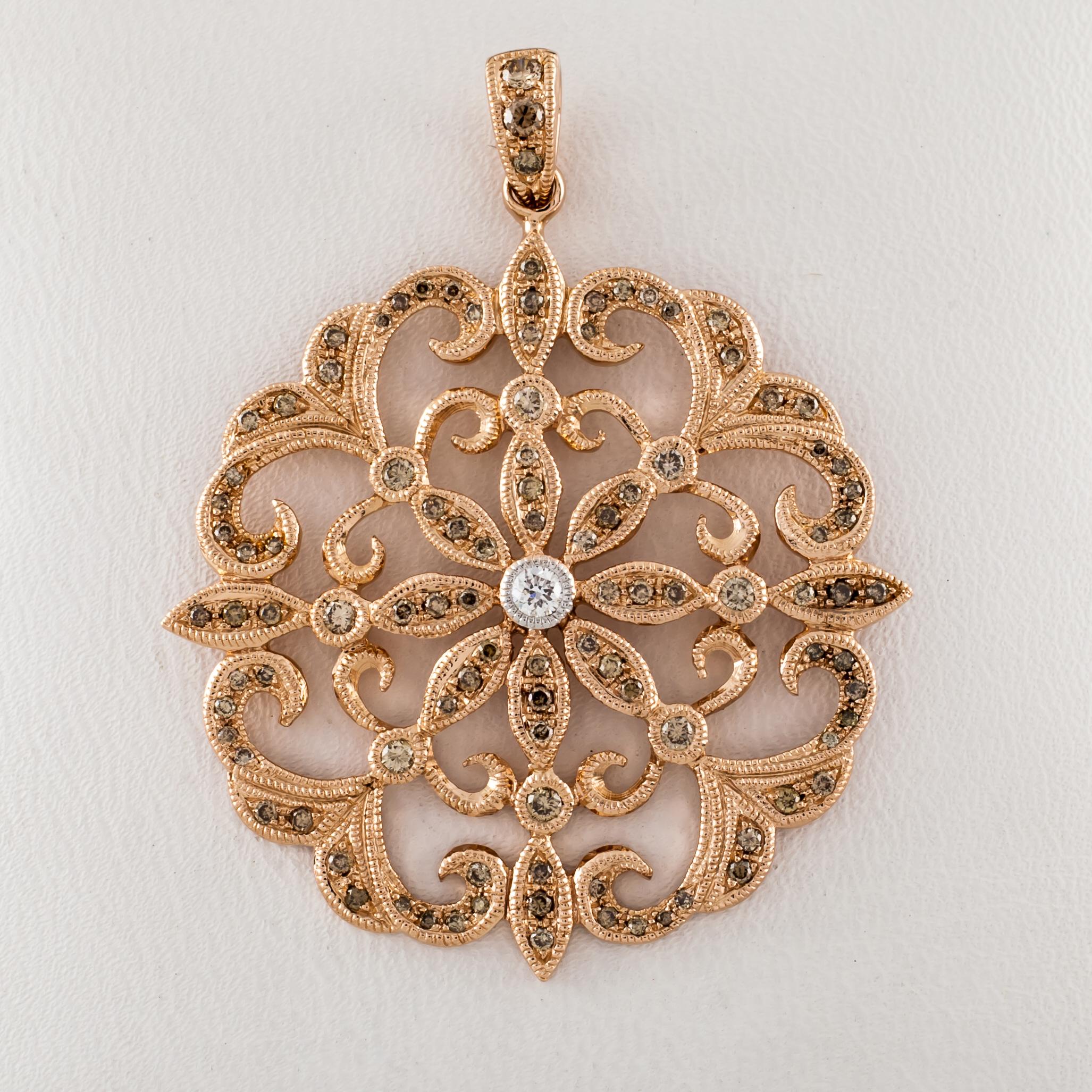 Round Cut 14k Rose Gold 1.00 Carat Diamond Floral Pattern Pendant For Sale