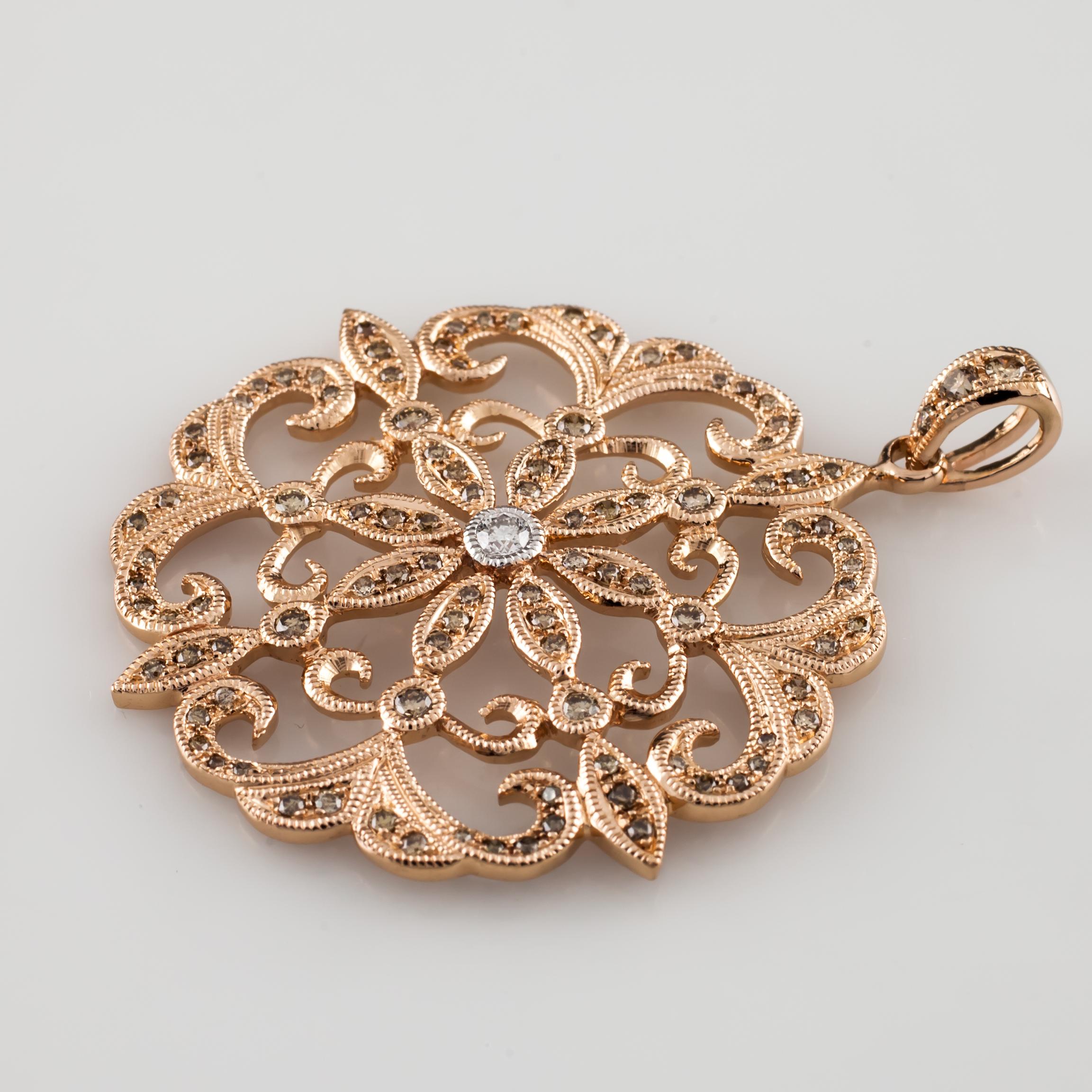 Women's 14k Rose Gold 1.00 Carat Diamond Floral Pattern Pendant For Sale