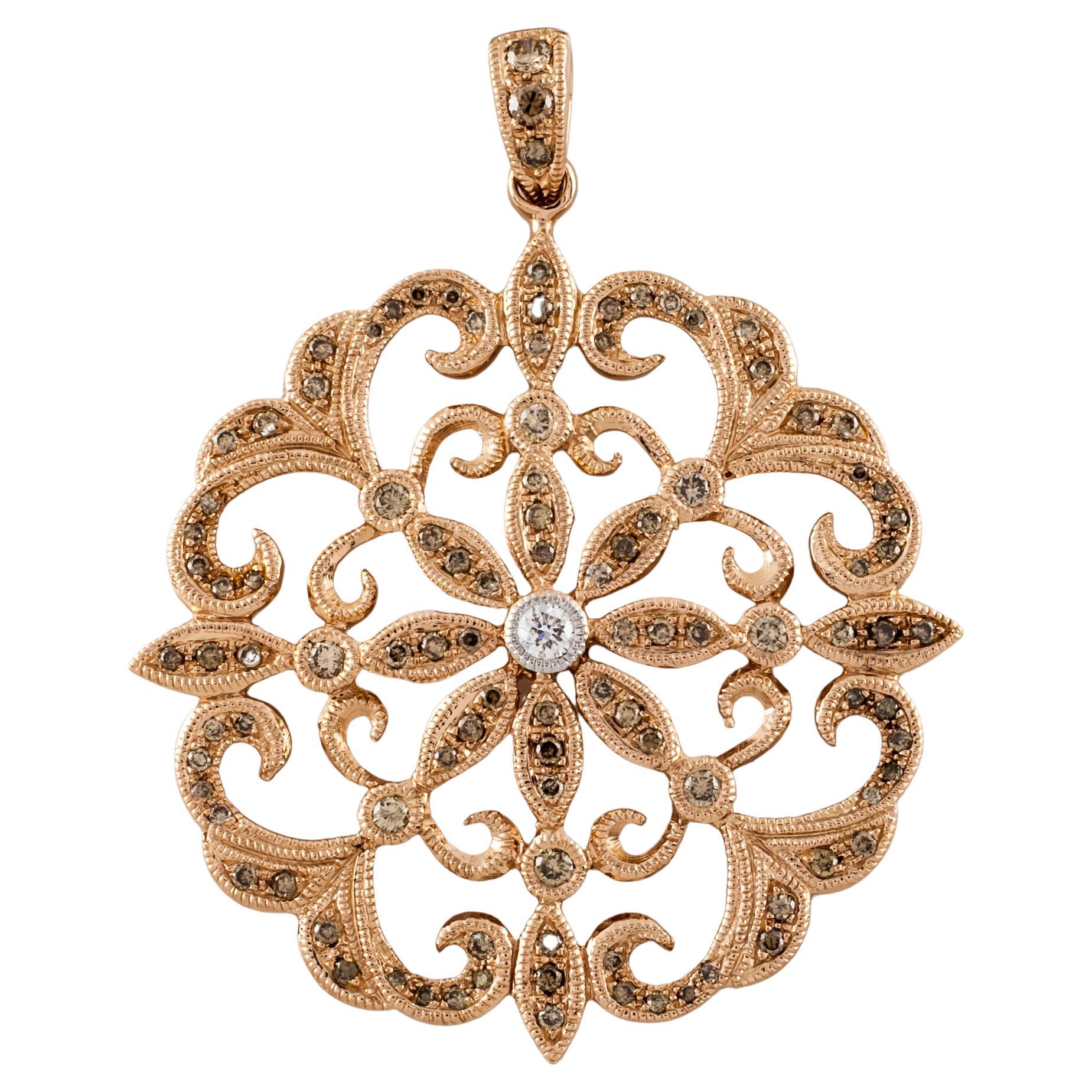 14k Rose Gold 1.00 Carat Diamond Floral Pattern Pendant For Sale