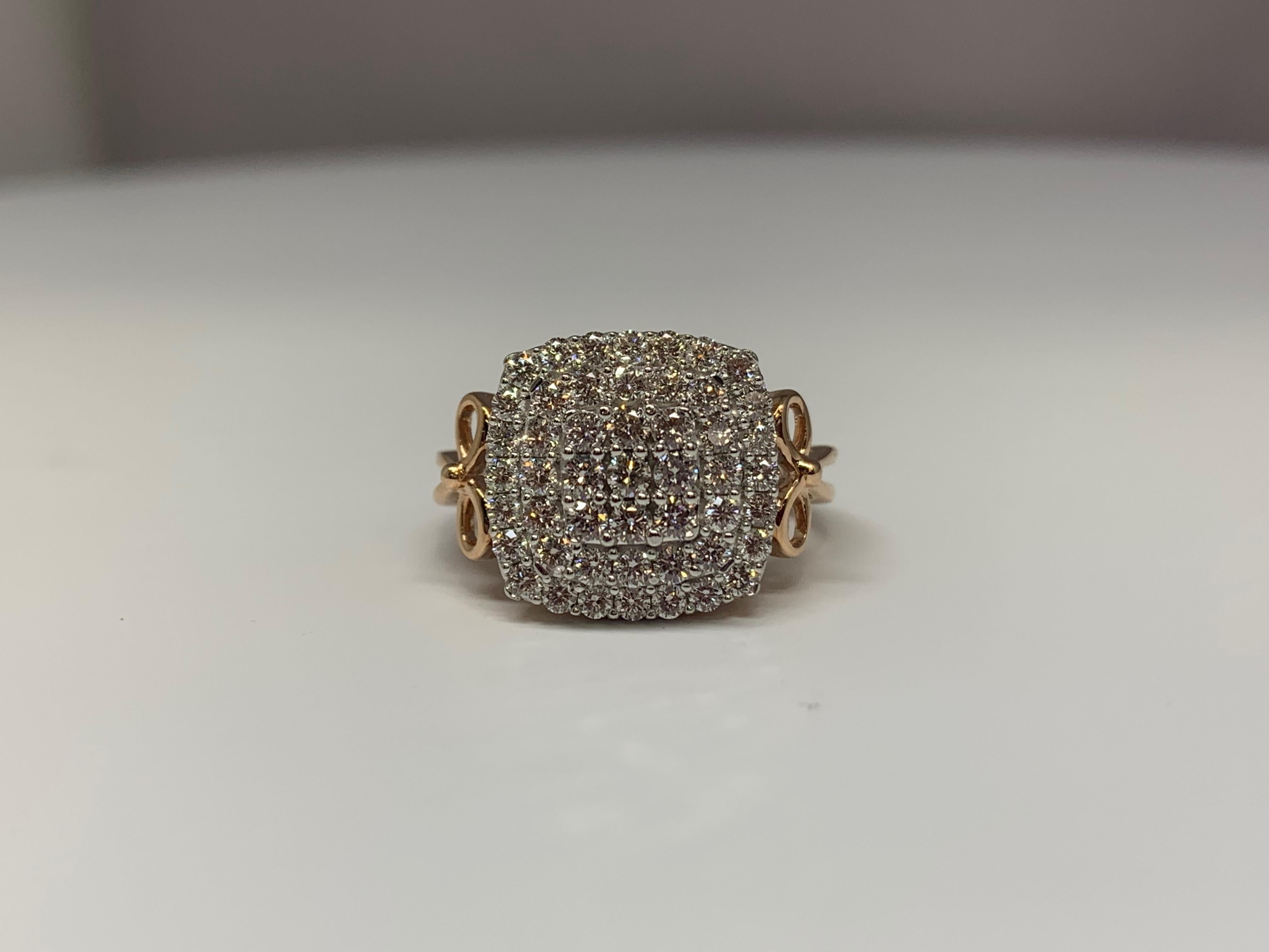 Women's or Men's 14 Karat Rose Gold 1.00 Carat Total Weight Diamond Cluster Cocktail Ring For Sale