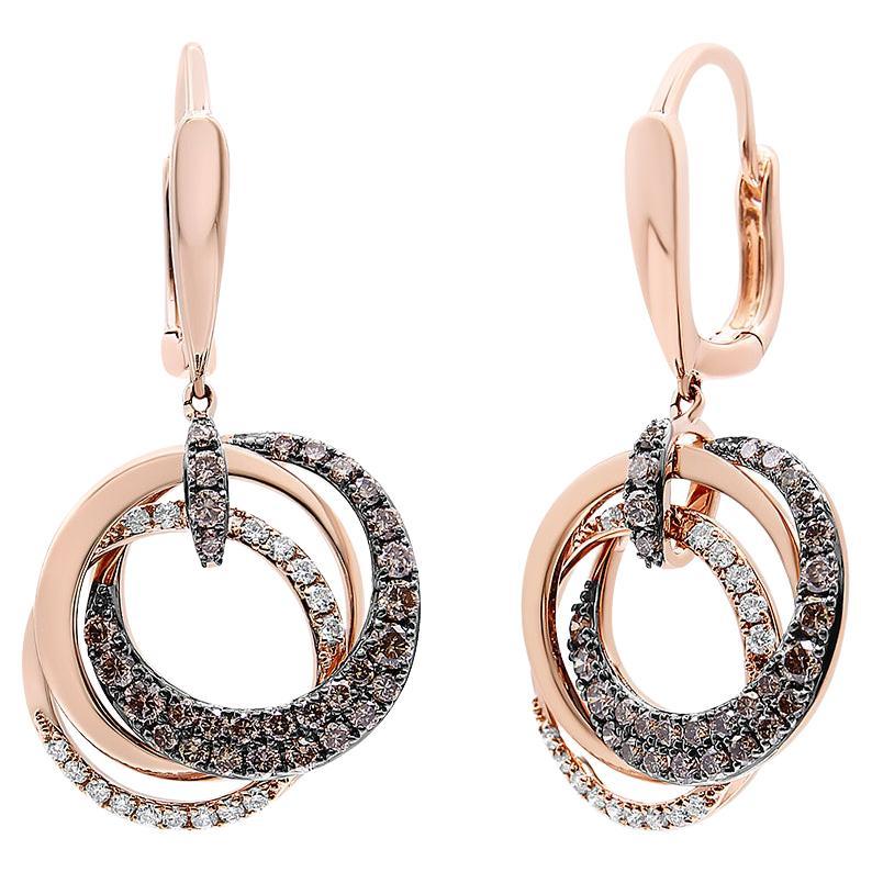 14K Rose Gold 1.00 Carat White and Brown Diamond Hoops & Circle Dangle Earrings