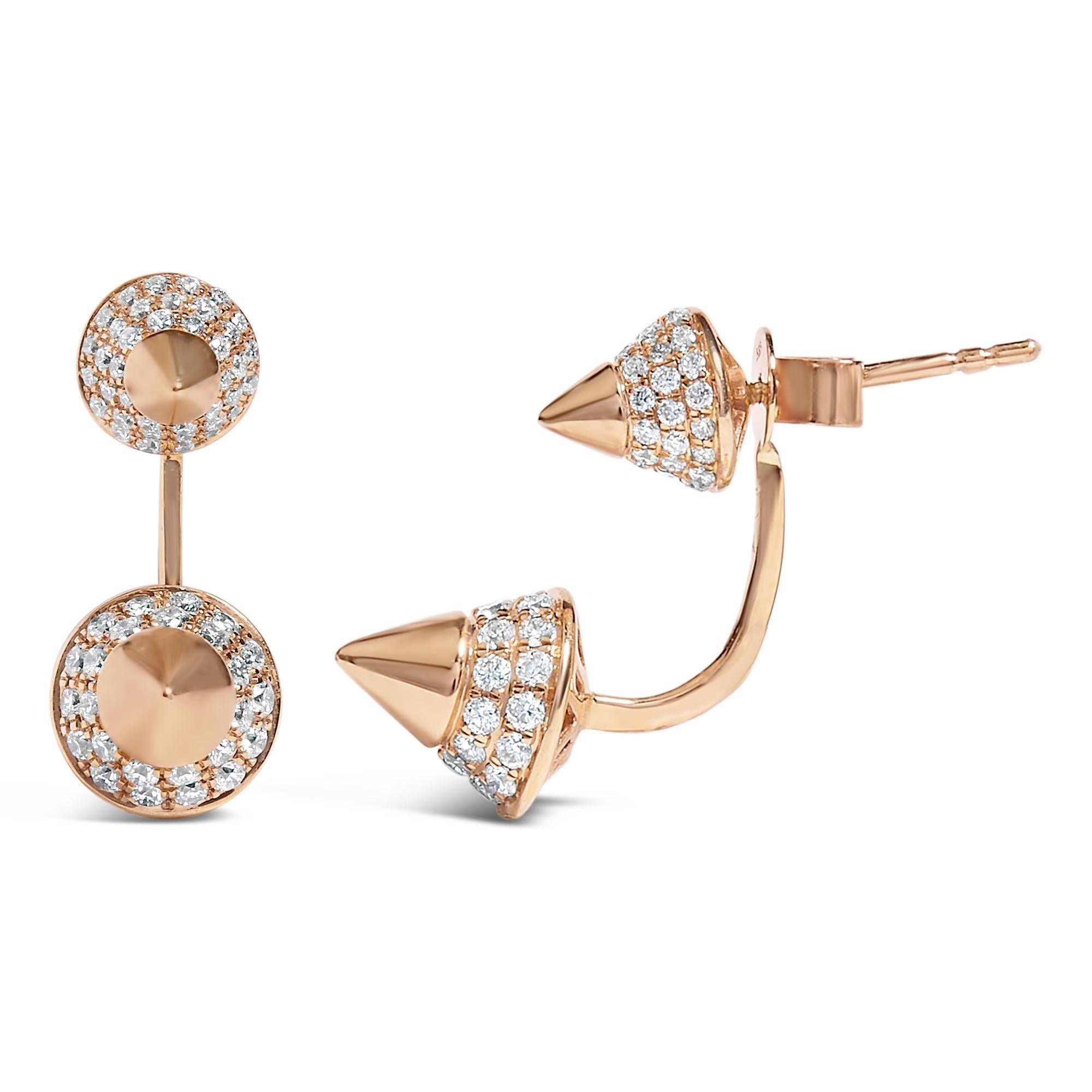 Moderne Boucle d'oreille en or rose 14K 1.00 Cttw Diamond Double Cone Jacket Studring en vente