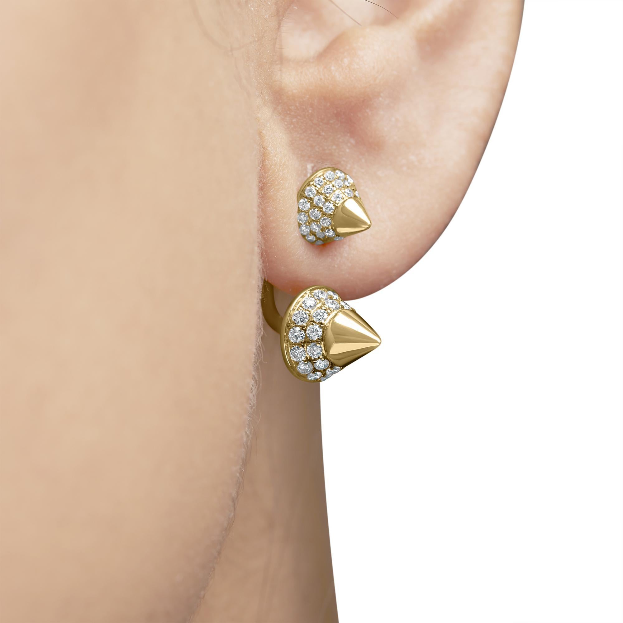 Taille ronde Boucle d'oreille en or rose 14K 1.00 Cttw Diamond Double Cone Jacket Studring en vente