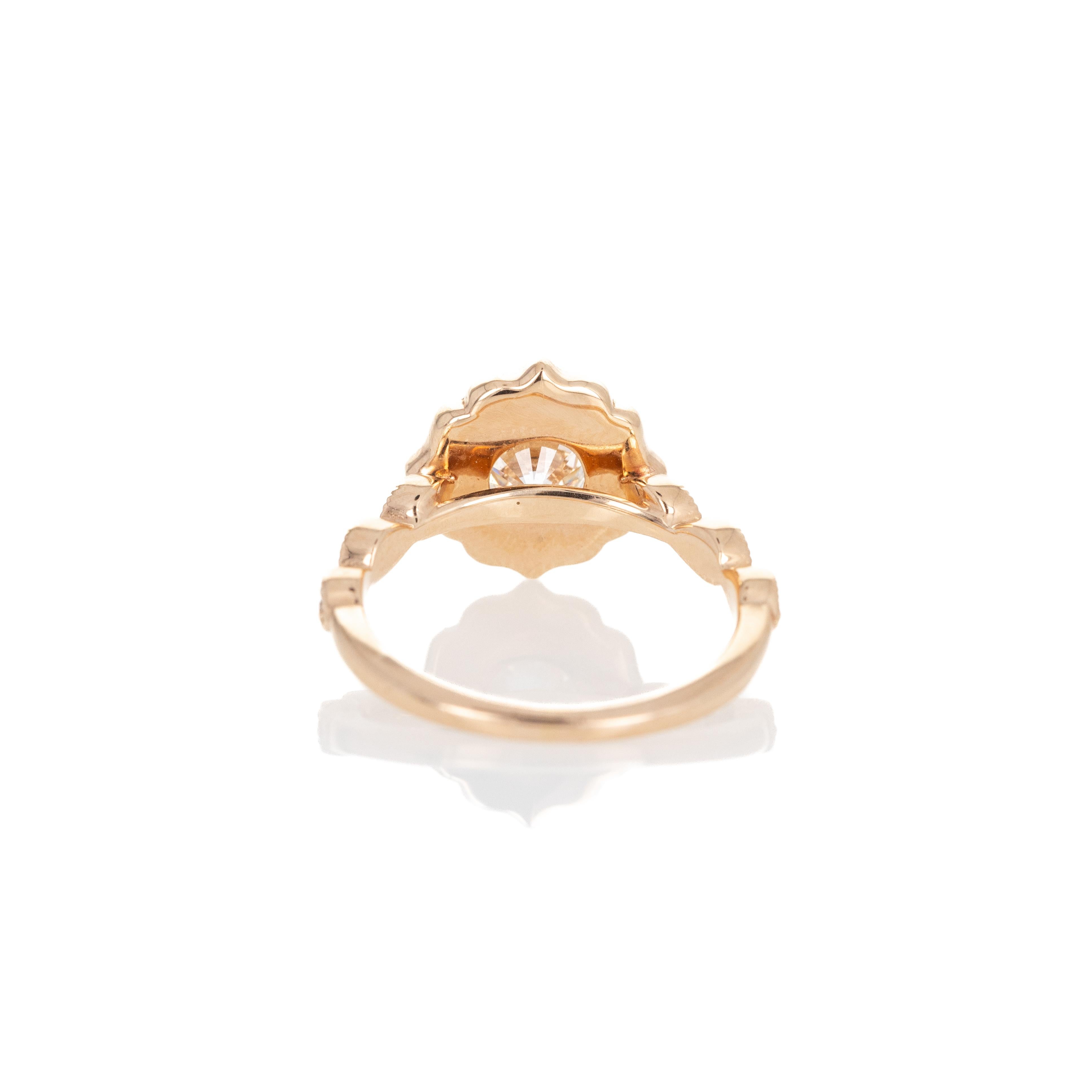 14K Rose Gold 1.02 Carat Round Brilliant Diamond Scalloped Halo Engagement Ring In New Condition In Cape May, NJ