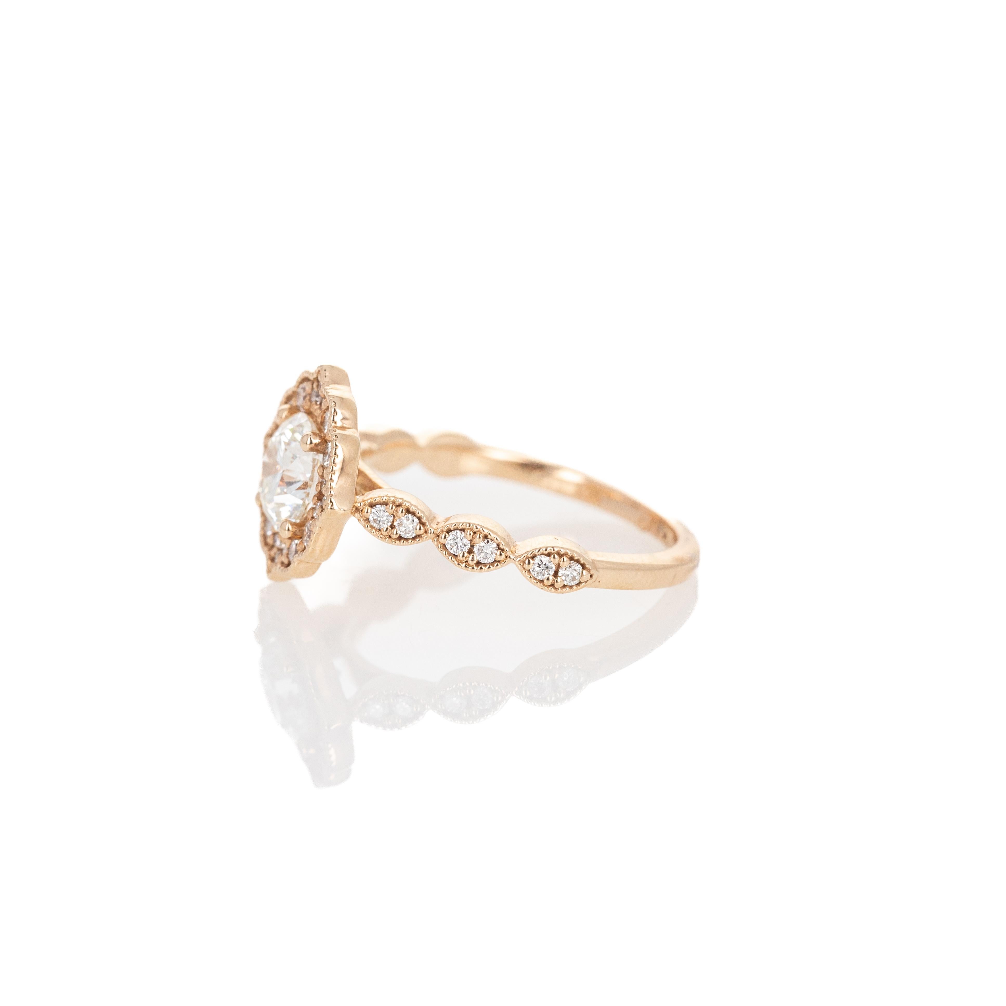 Women's 14K Rose Gold 1.02 Carat Round Brilliant Diamond Scalloped Halo Engagement Ring