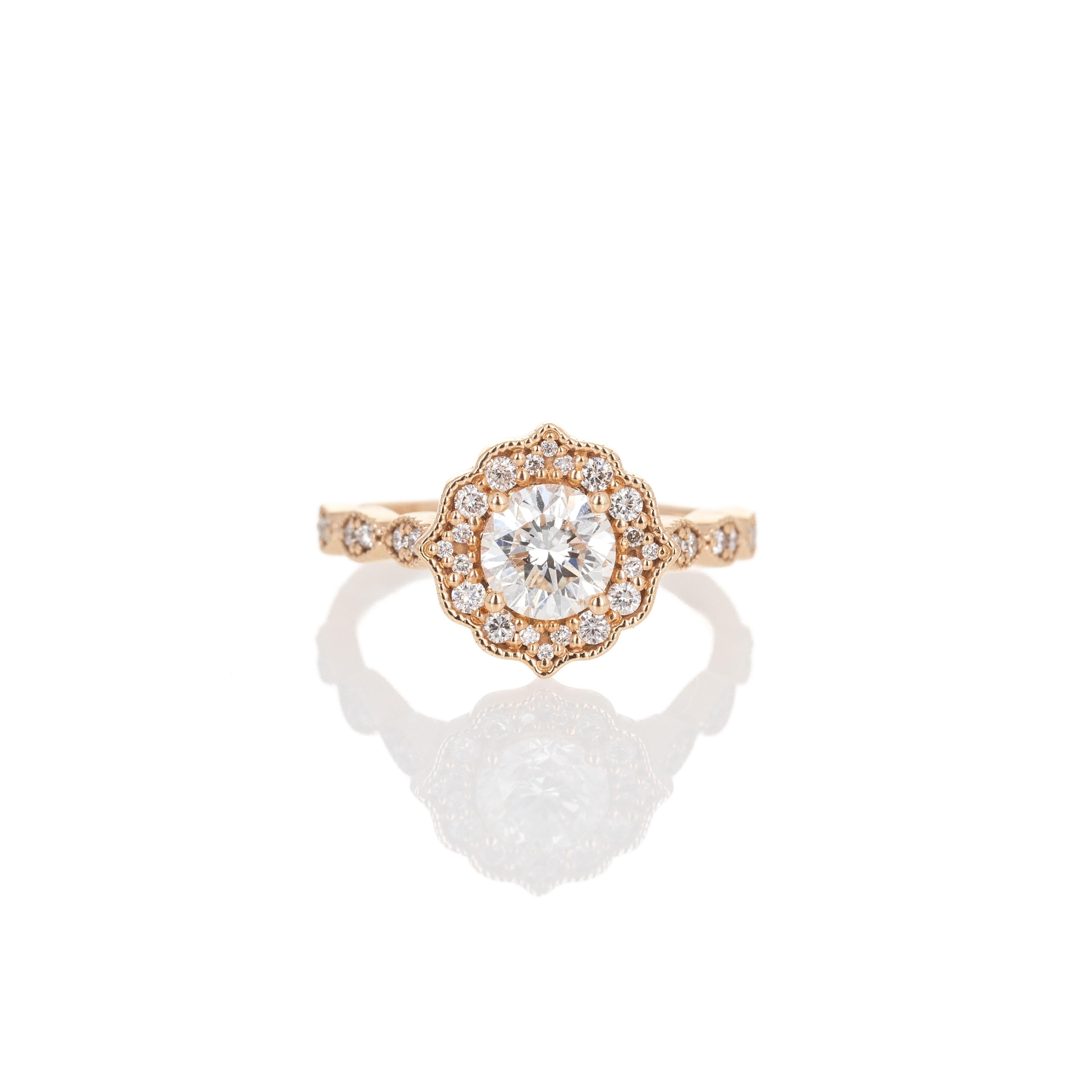 14K Rose Gold 1.02 Carat Round Brilliant Diamond Scalloped Halo Engagement Ring 1