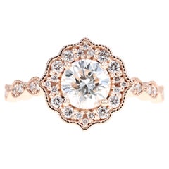 14K Rose Gold 1.02 Carat Round Brilliant Diamond Scalloped Halo Engagement Ring