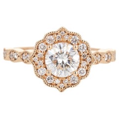 14K Rose Gold 1.02 Carat Round Brilliant Diamond Scalloped Halo Engagement Ring