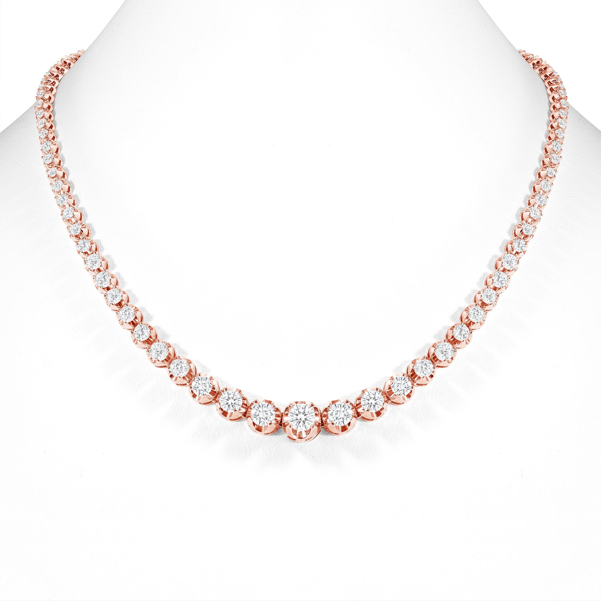 Taille ronde Collier tennis en or rose 14 carats avec diamants gradués de 10 carats, sertissage d'illusion en vente