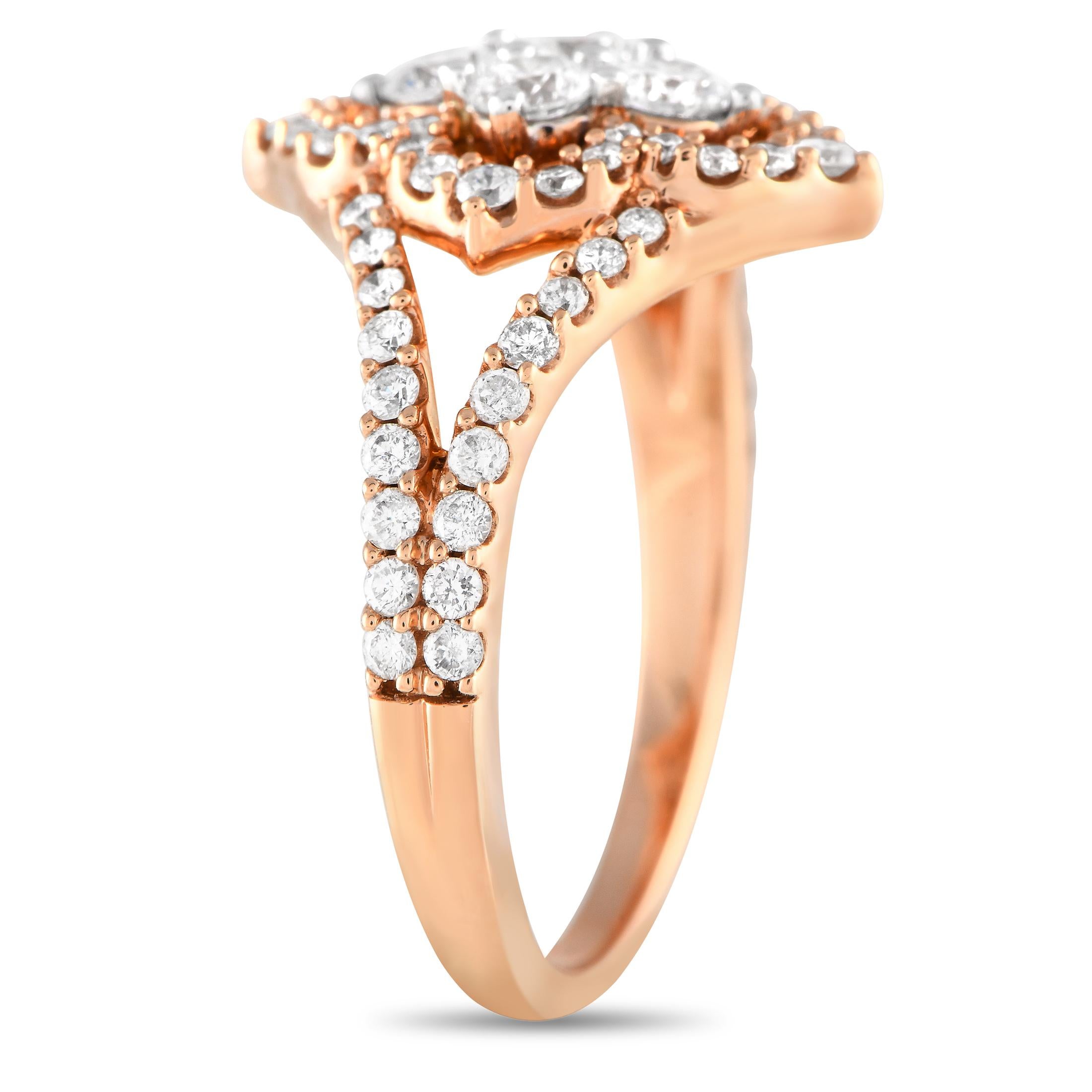 Like icing on a cake, this diamond ring is sure to make any ensemble extra appealing. It is crafted in 14K rose gold and has a diamond-encrusted split shank that forms a diamond-traced rhombus centerpiece. For a truly eye-catching focal point, the