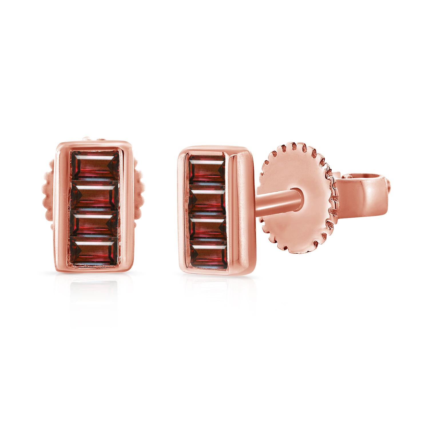 Contemporary 14K Rose Gold .10ct Ruby Baguette Stud Earrings for Her For Sale