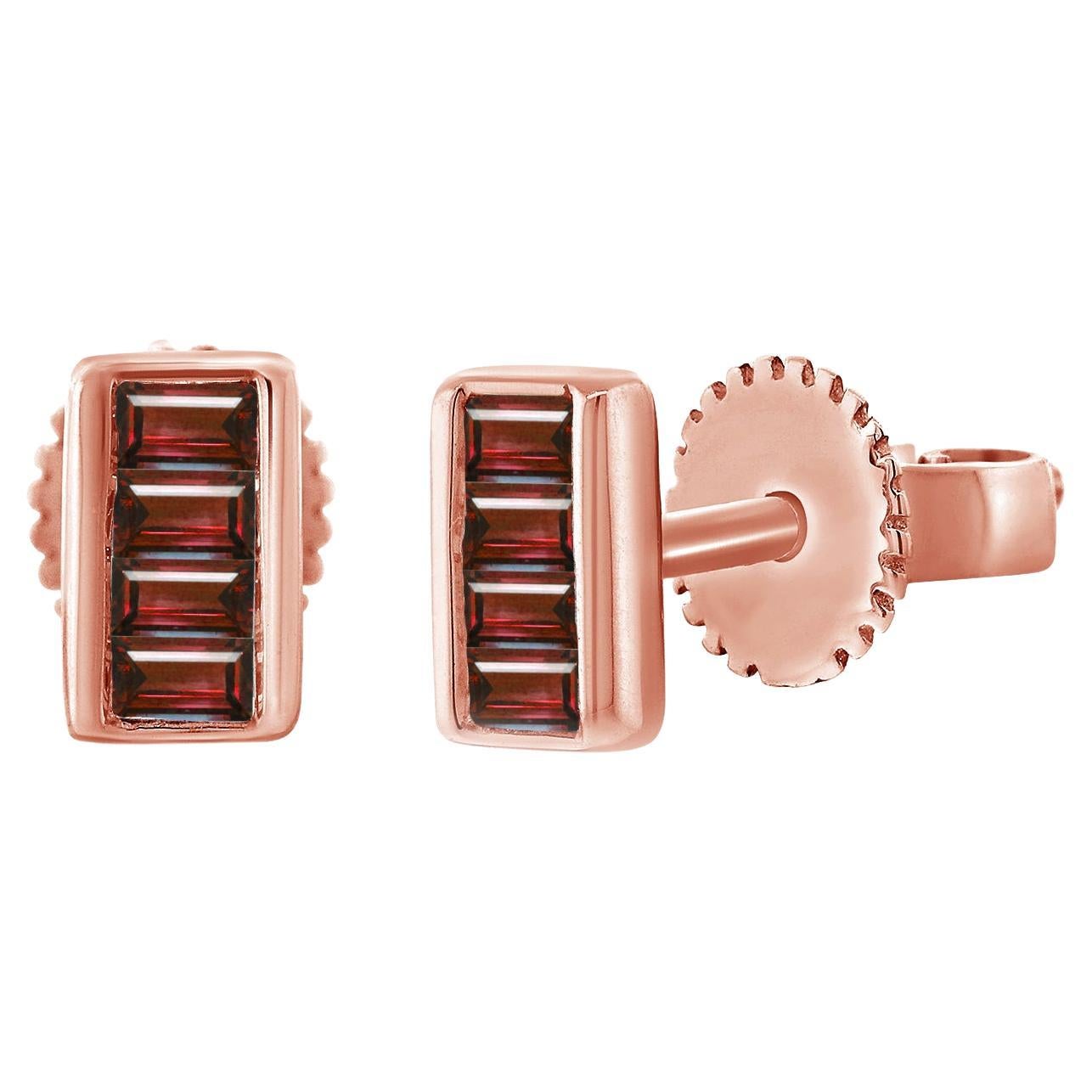 14K Rose Gold .10ct Ruby Baguette Stud Earrings for Her For Sale