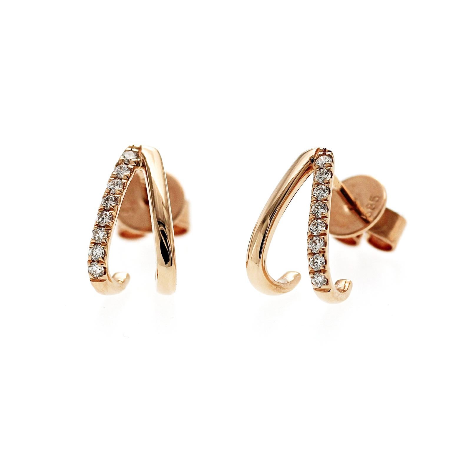 Clous d'oreilles en or rose 14 carats, hauteur de 11 mm, diamants 0,15 carat Unisexe en vente