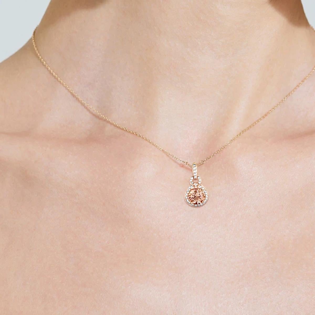 Round Cut 14K Rose Gold 1.12cts Morganite and Diamond Pendant. Style# TS1127MOP For Sale