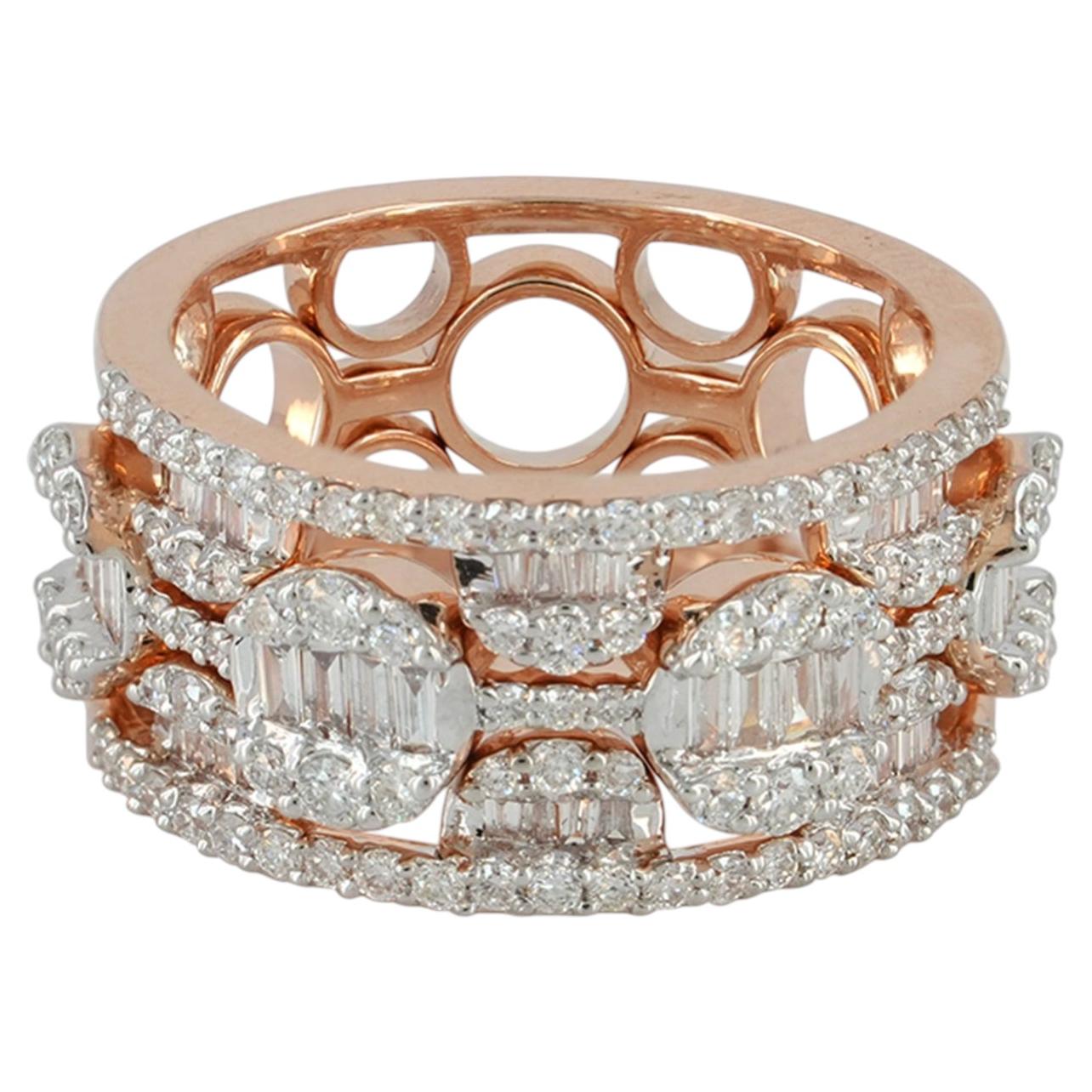 Anillo ancho de oro rosa macizo de 14K con un diamante en talla baguette de 1,2 ct, juego de 3 anillos