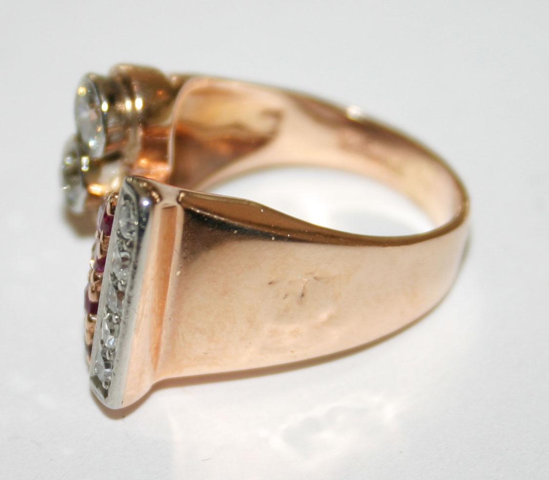 Old European Cut 14 Karat Rose Gold 1.25 Carat Diamond and Ruby Retro Ring For Sale