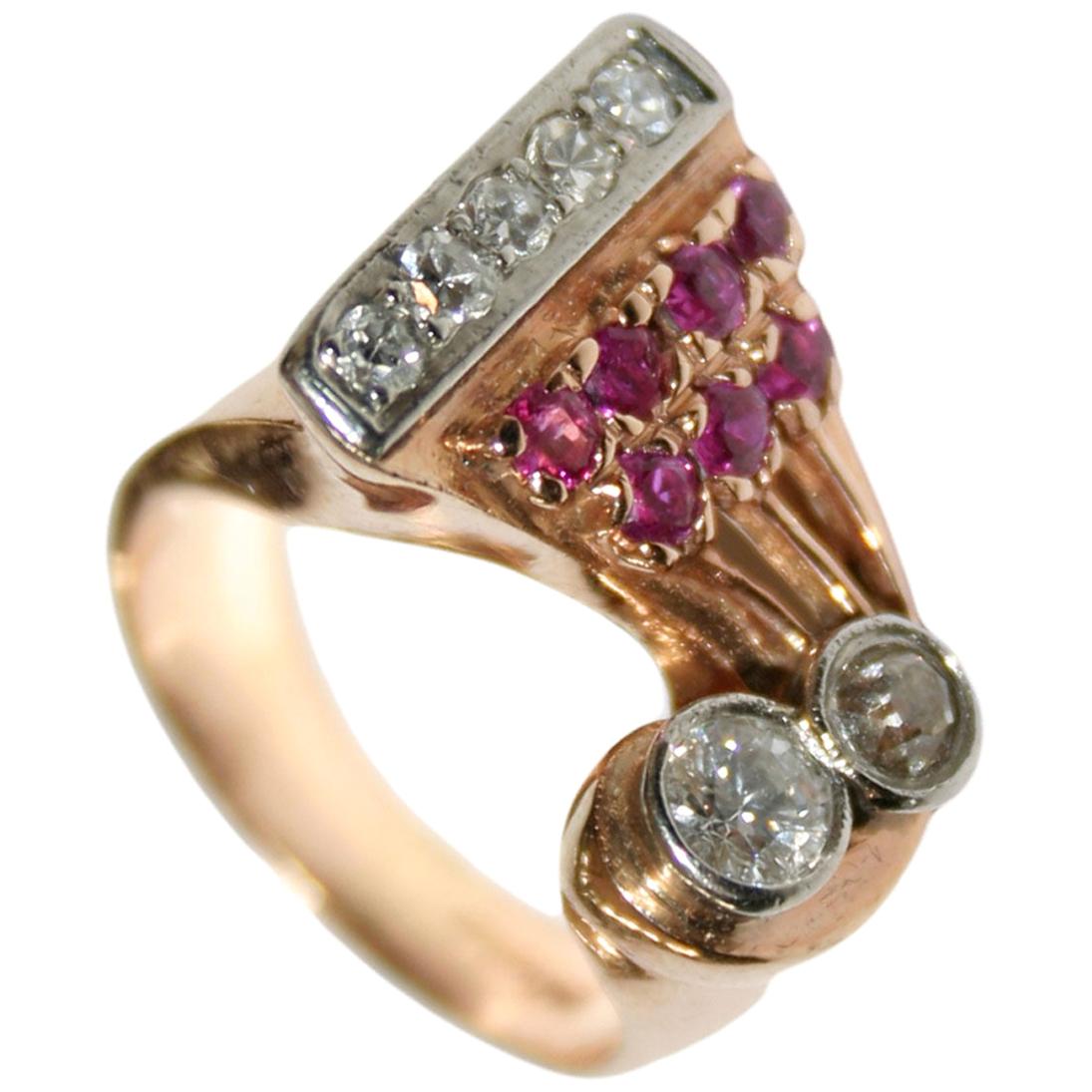 14 Karat Rose Gold 1.25 Carat Diamond and Ruby Retro Ring For Sale