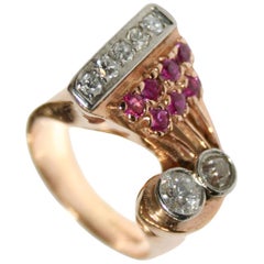 Bague rétro en or rose 14 carats avec diamants de 1,25 carat et rubis