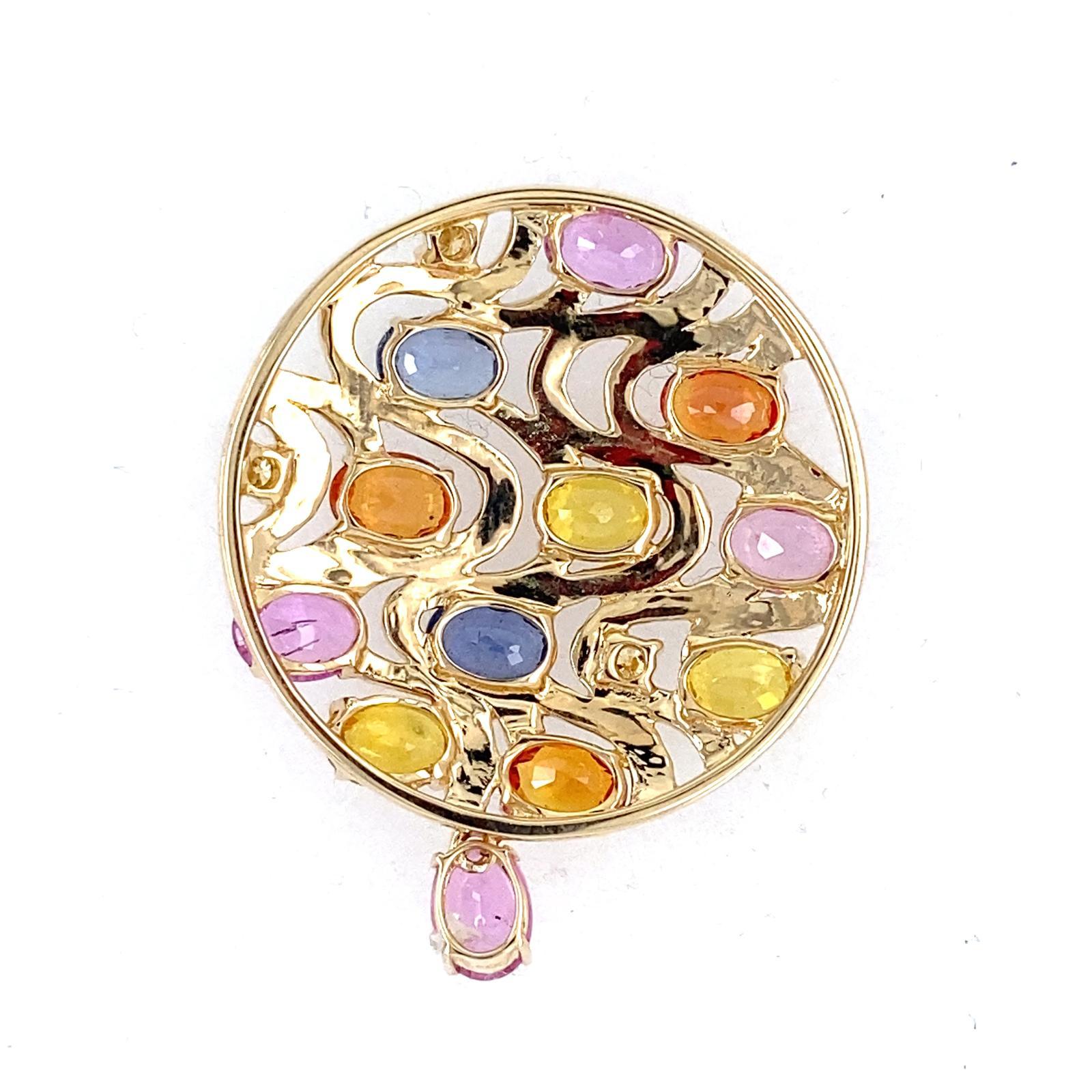 Features Appx 14 ct Multi-color Sapphires accented with 1 ct Diamonds
Set in 14k Rose Gold
Total Carat Weight: 15.0 carats
Gross Weight: 12.60 grams
Dimensions: 1-5/8