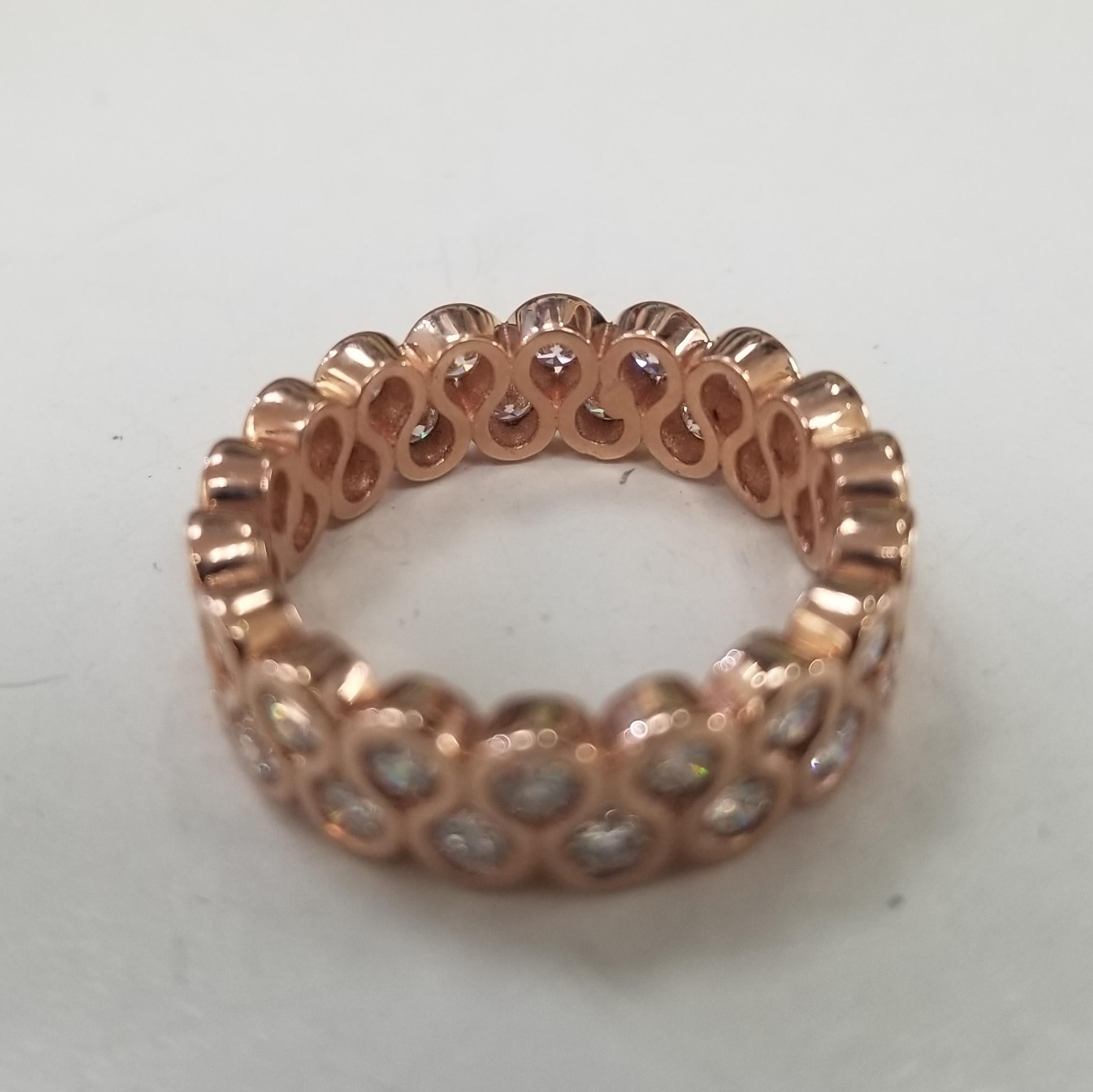 Round Cut 14k Rose Gold 1.65 Carats 2 Row Staggered Eternity Ring For Sale