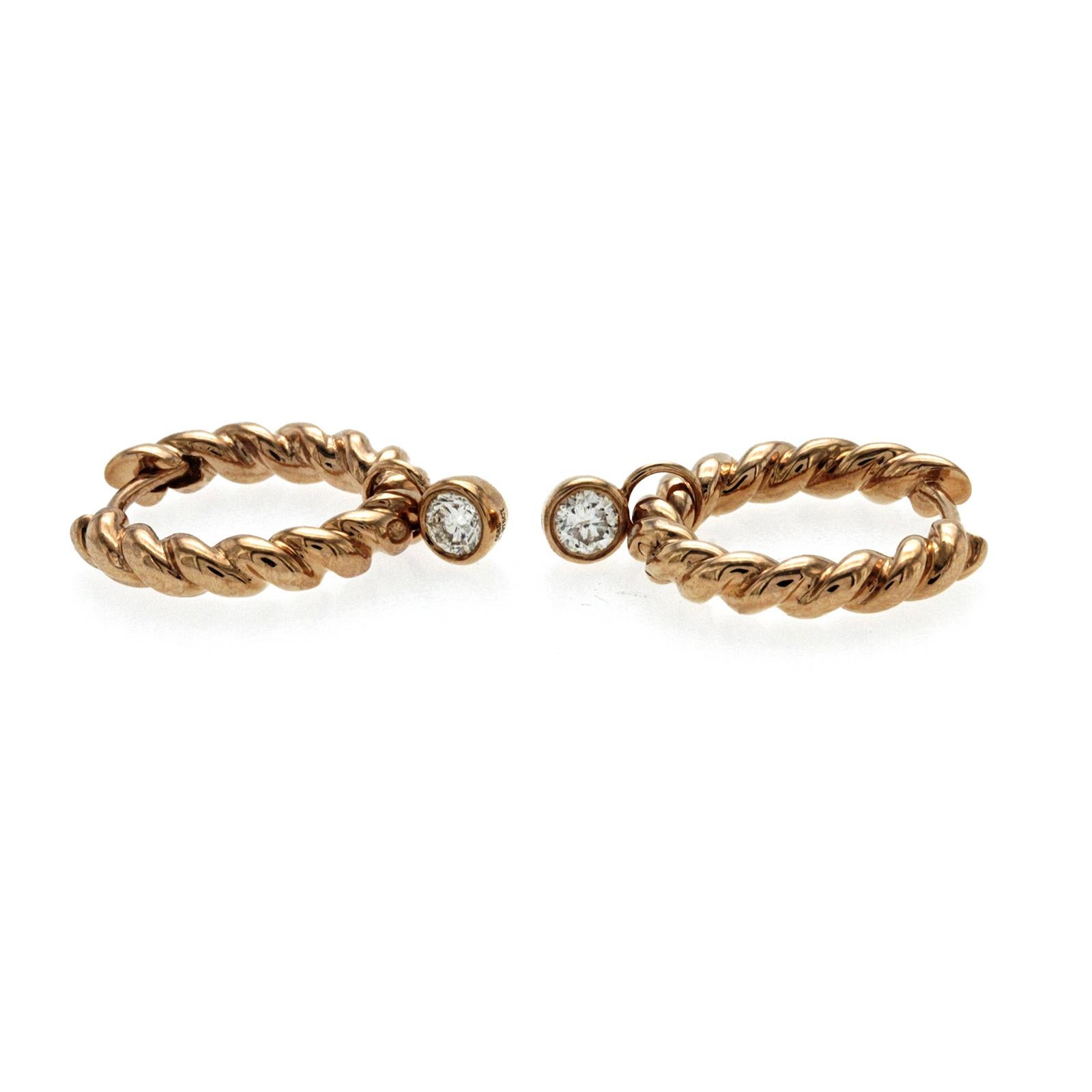 Women's or Men's 14K Rose Gold 17 mm Height 0.15CT Diamonds Twisted Hoop Earrings For Sale