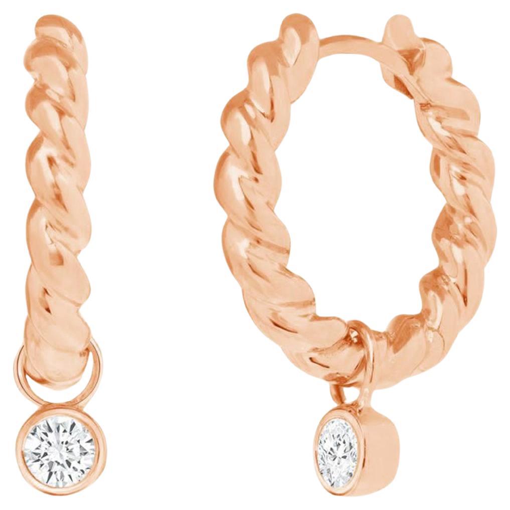 14K Rose Gold 17 mm Height 0.15CT Diamonds Twisted Hoop Earrings For Sale