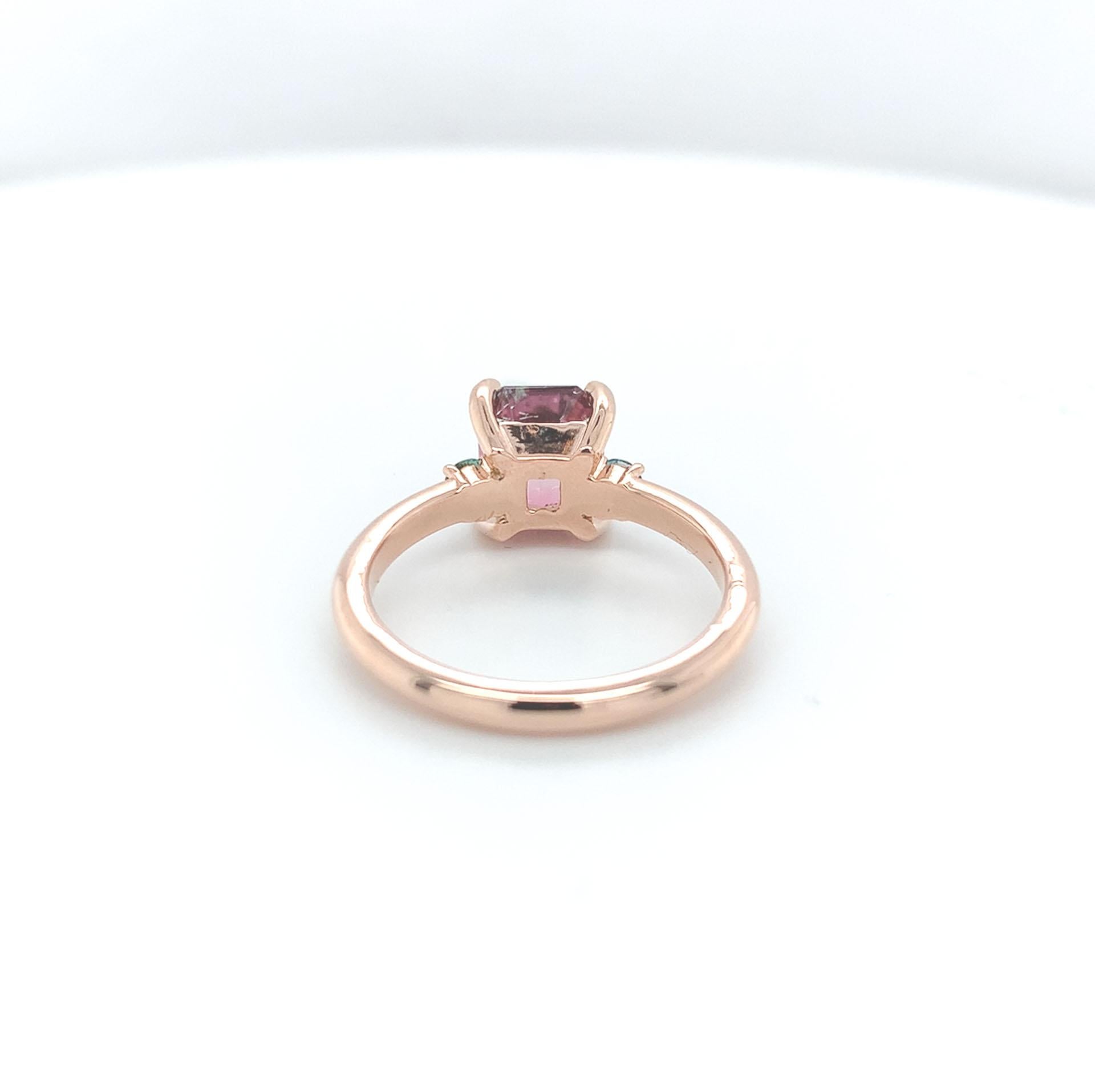 Women's 14K Rose Gold 1.79 carat Bi-color Watermelon Tourmaline Ring size 6.5 For Sale