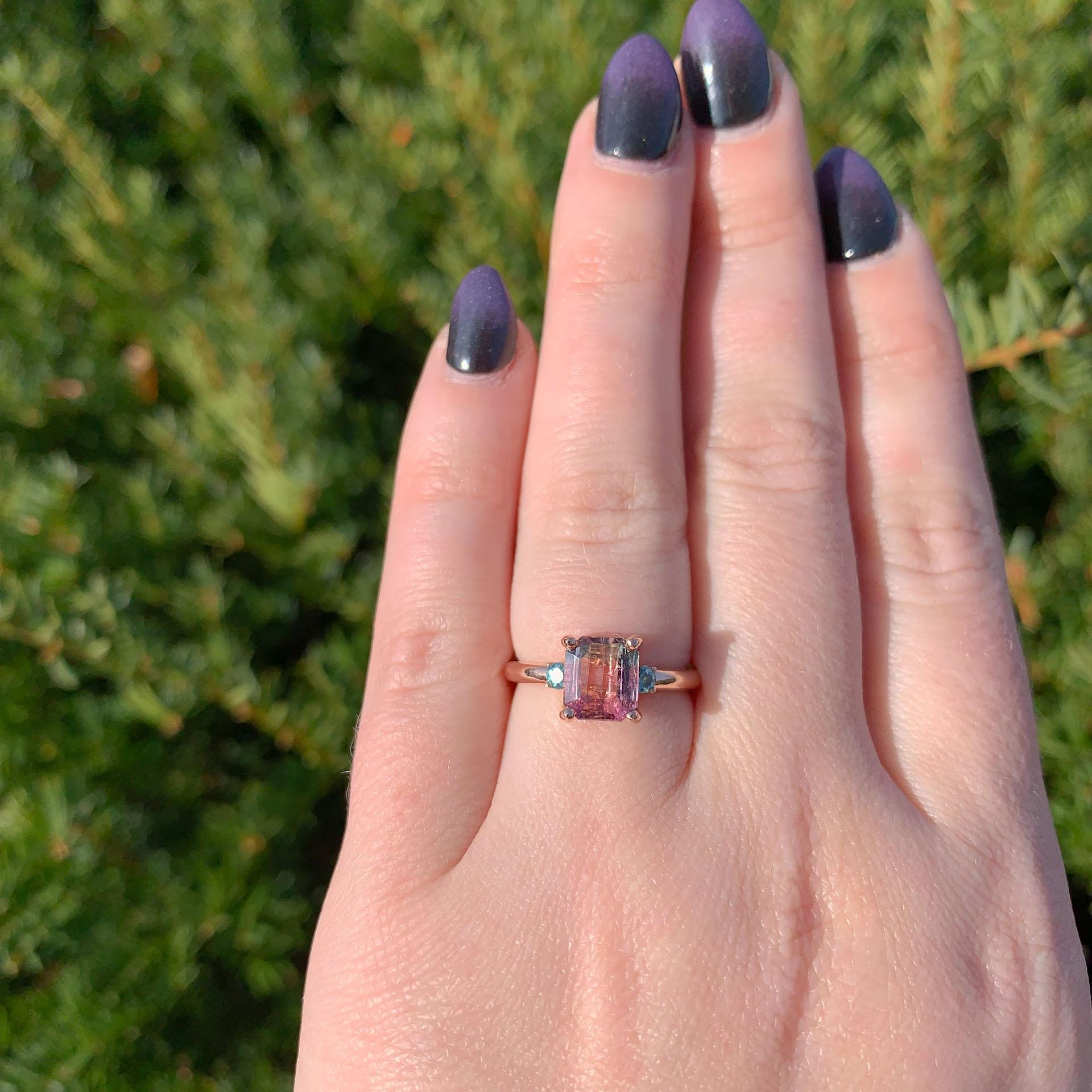 14K Rose Gold 1.79 carat Bi-color Watermelon Tourmaline Ring size 6.5 For Sale 2