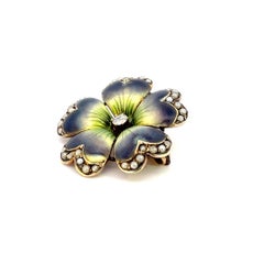 Motivo floreale in smalto vittoriano in oro rosa 14K 1890 con diamante e perle di mare