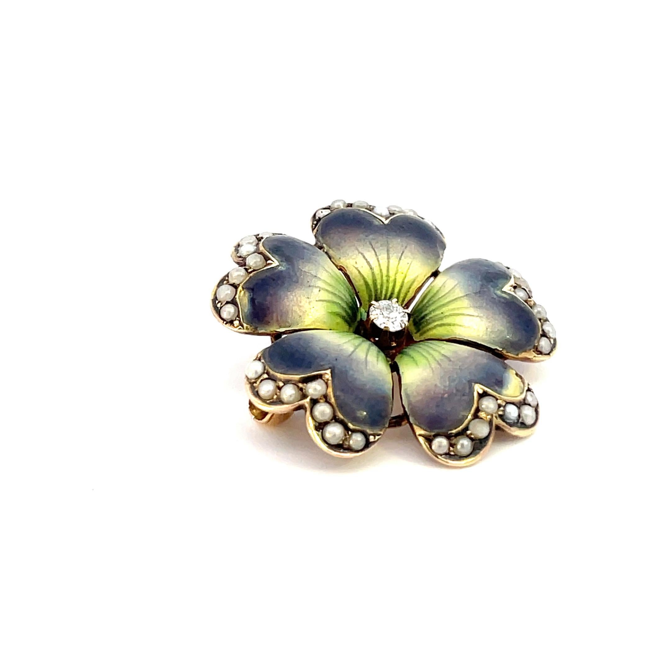 Round Cut 14K Rose Gold 1890 Victorian Enamel Floral Motif w/ Diamond & Seed Pearls  For Sale