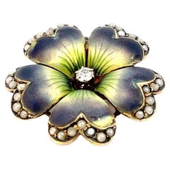 Antique 14K Rose Gold 1890 Victorian Enamel Floral Motif w/ Diamond & Seed Pearls 