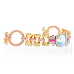 14K Rose Gold 1940's Retro Aquamarine, Diamond Link Bracelet