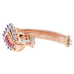 14k Rose Gold 1940s Ruby, Diamond, Sapphire Mechanical Hidden Watch Bracelet