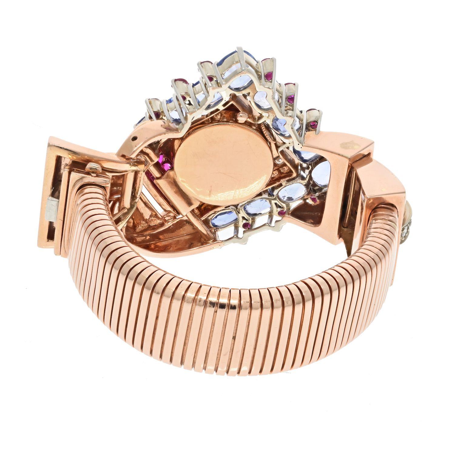 Modern 14k Rose Gold 1940s Ruby, Diamond, Sapphire Mechanical Hidden Watch Bracelet