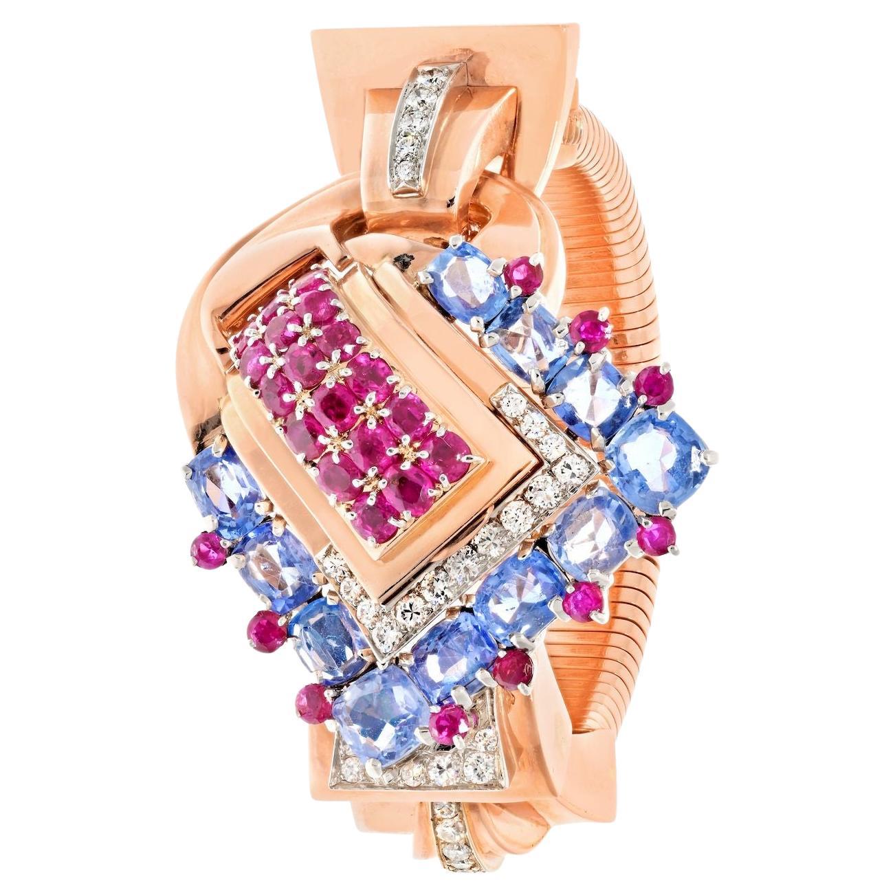 14k Rose Gold 1940s Ruby, Diamond, Sapphire Mechanical Hidden Watch Bracelet