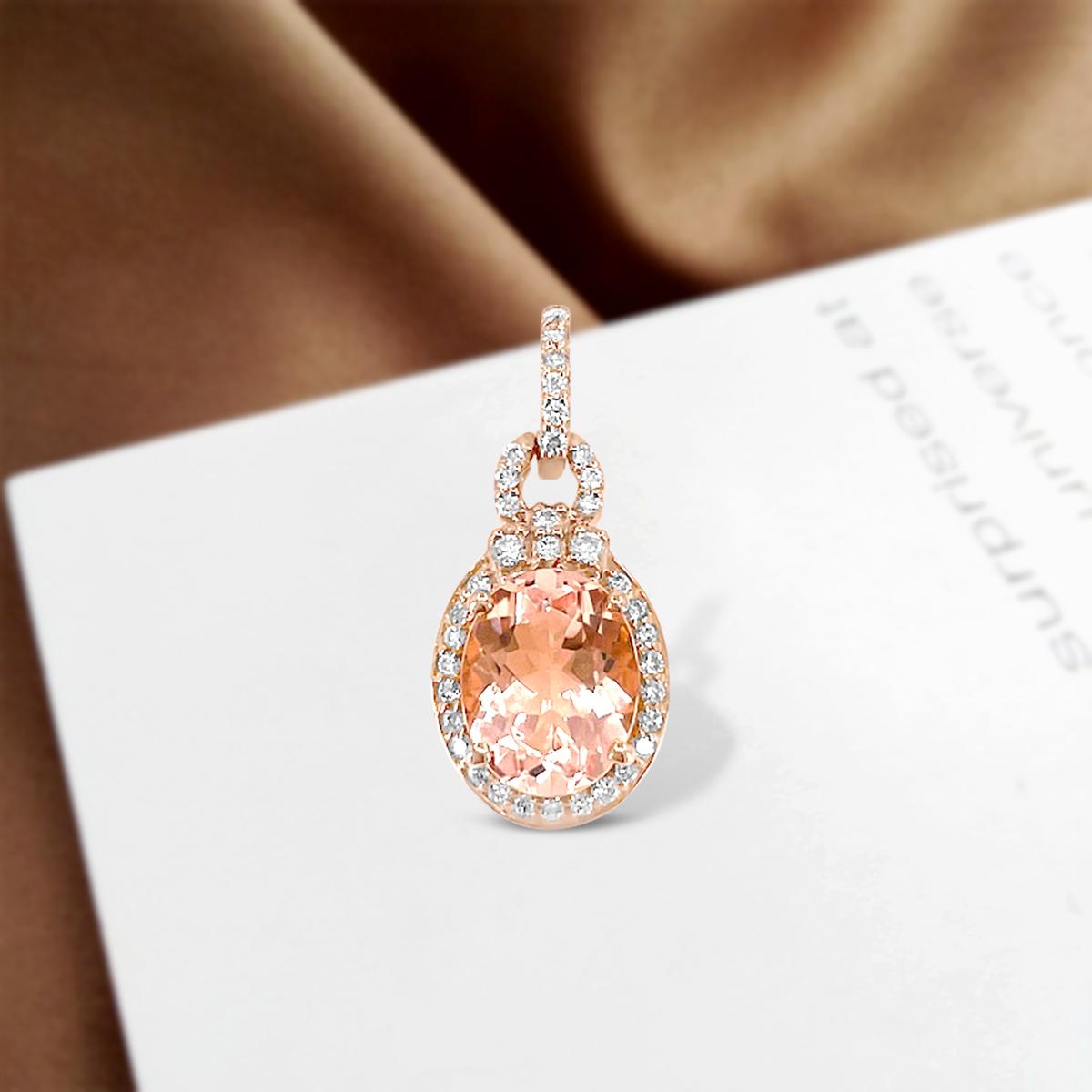 This Oval Shaped Marvelous Morganite Gemstone Pendant.Created in 14K Rose Gold, Showcases a 9x7mm Pale Pink Morganite with Diamonds.
This Charming Gemstone Fashion Pendant Make a Sparkling Statement of Style.

Style# TS1128MOP
Morganite: Oval 9x7mm