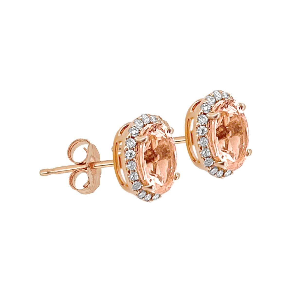 Stunning Pair Of Trendy Morganite Stud Earrings Crafted Of Solid 14K Rose Gold. This Brilliant Stud Earrings Features 8X6mm Sparkling Oval Cut Peach Morganite And Diamonds, All Come Together For A Remarkable Piece Of Jewelry.

Style#