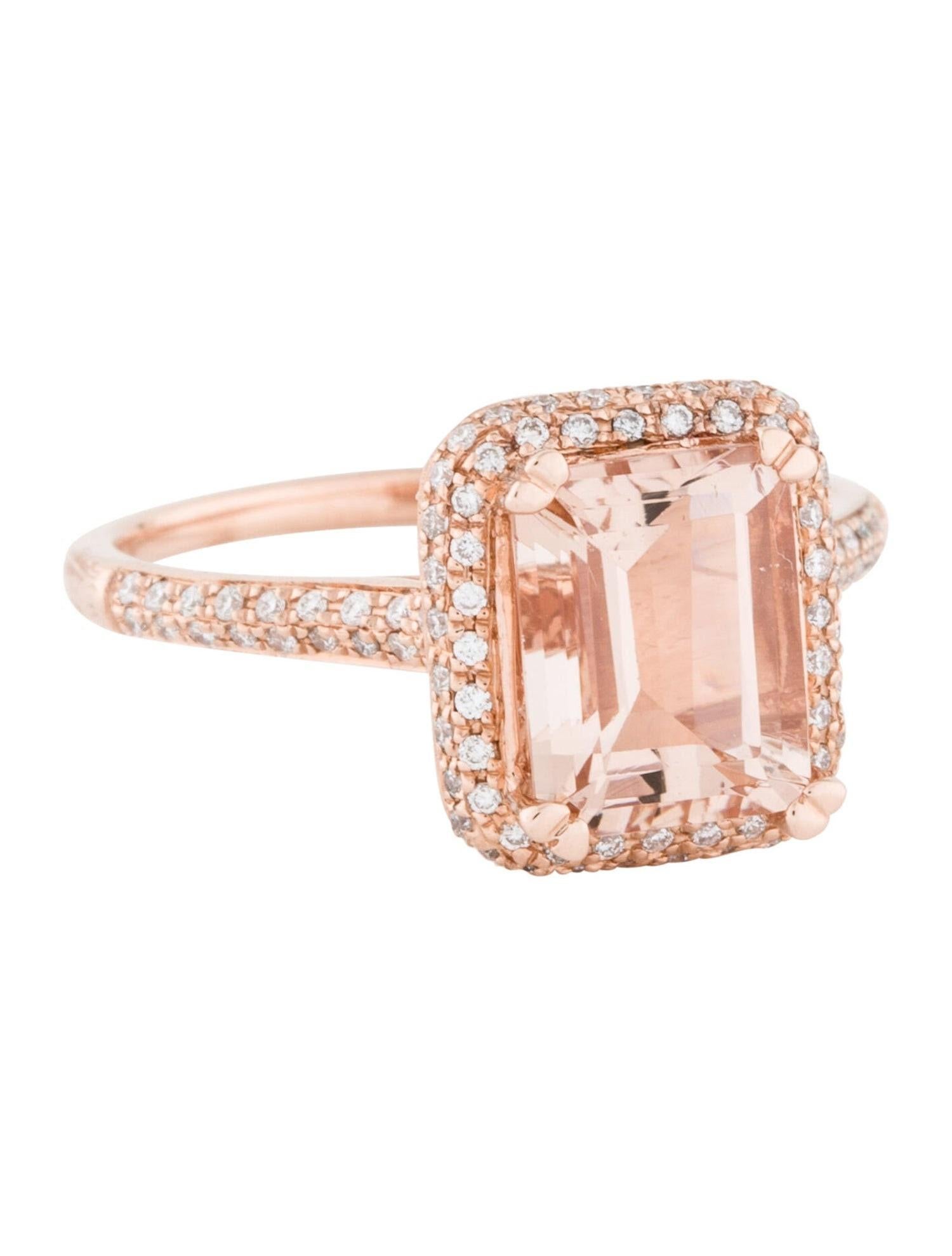 This is a stunning emerald cut natural morganite and diamond ring set in solid 14K rose gold. This ring features a natural emerald cut 2.06carat morganite stone with excellent clear color (AAA quality gem) surrounded by bright round diamonds.