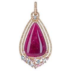 14k Rose Gold 21.21tcw Rubellite Tourmaline and Diamond Drop Pendant