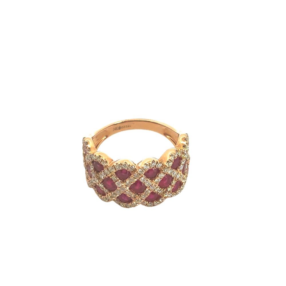 Round Cut 14k Rose Gold 2.18ctw Ruby and 0.95ctw Natural Diamond Criss Cross Ring For Sale