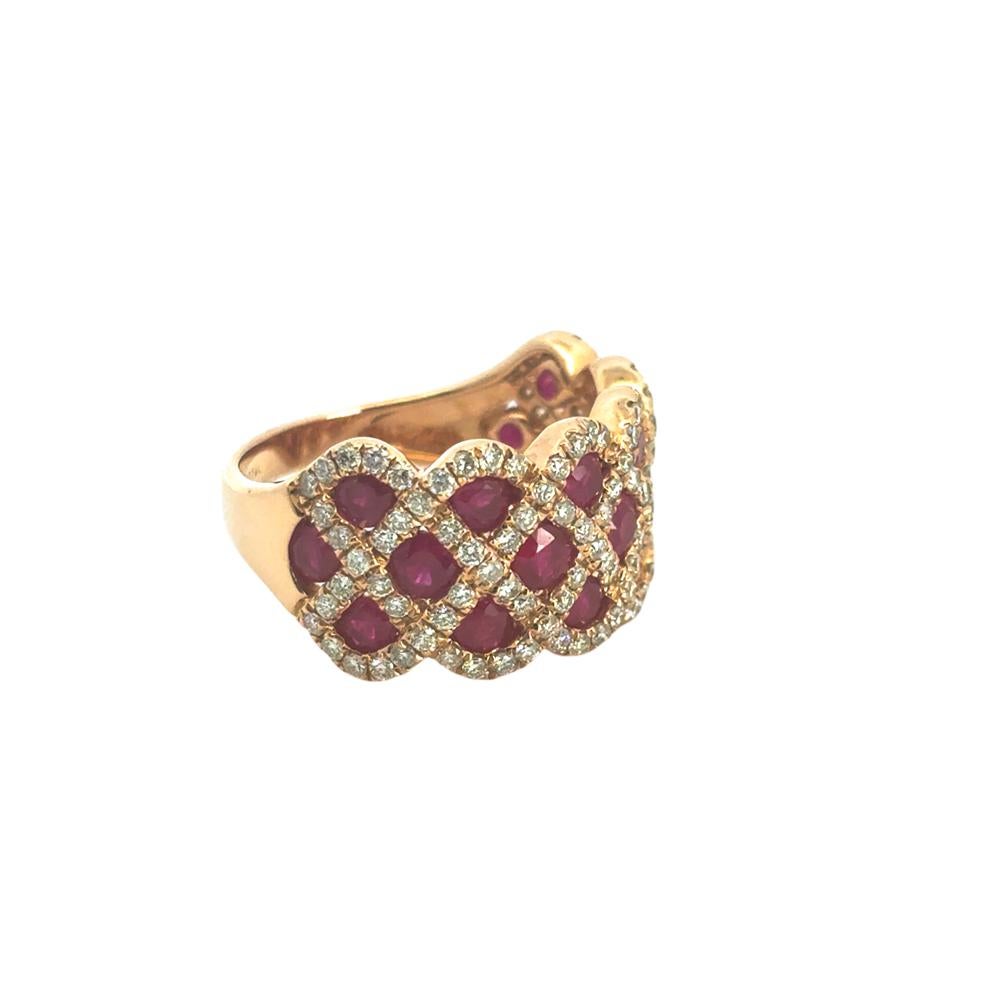 14k Rose Gold 2.18ctw Ruby and 0.95ctw Natural Diamond Criss Cross Ring In Excellent Condition For Sale In Boca Raton, FL