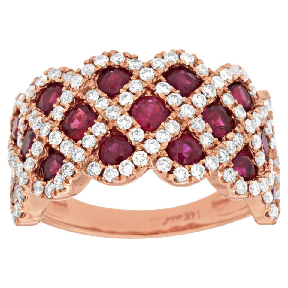 14k Rose Gold 2.18ctw Ruby and 0.95ctw Natural Diamond Criss Cross Ring For Sale