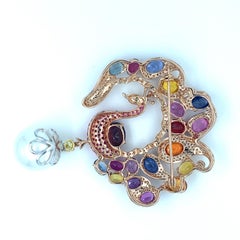 14k Rose Gold & 21ct Gemstones Peacock Brooch w/ Sapphire, Ruby, Diamond & Pearl