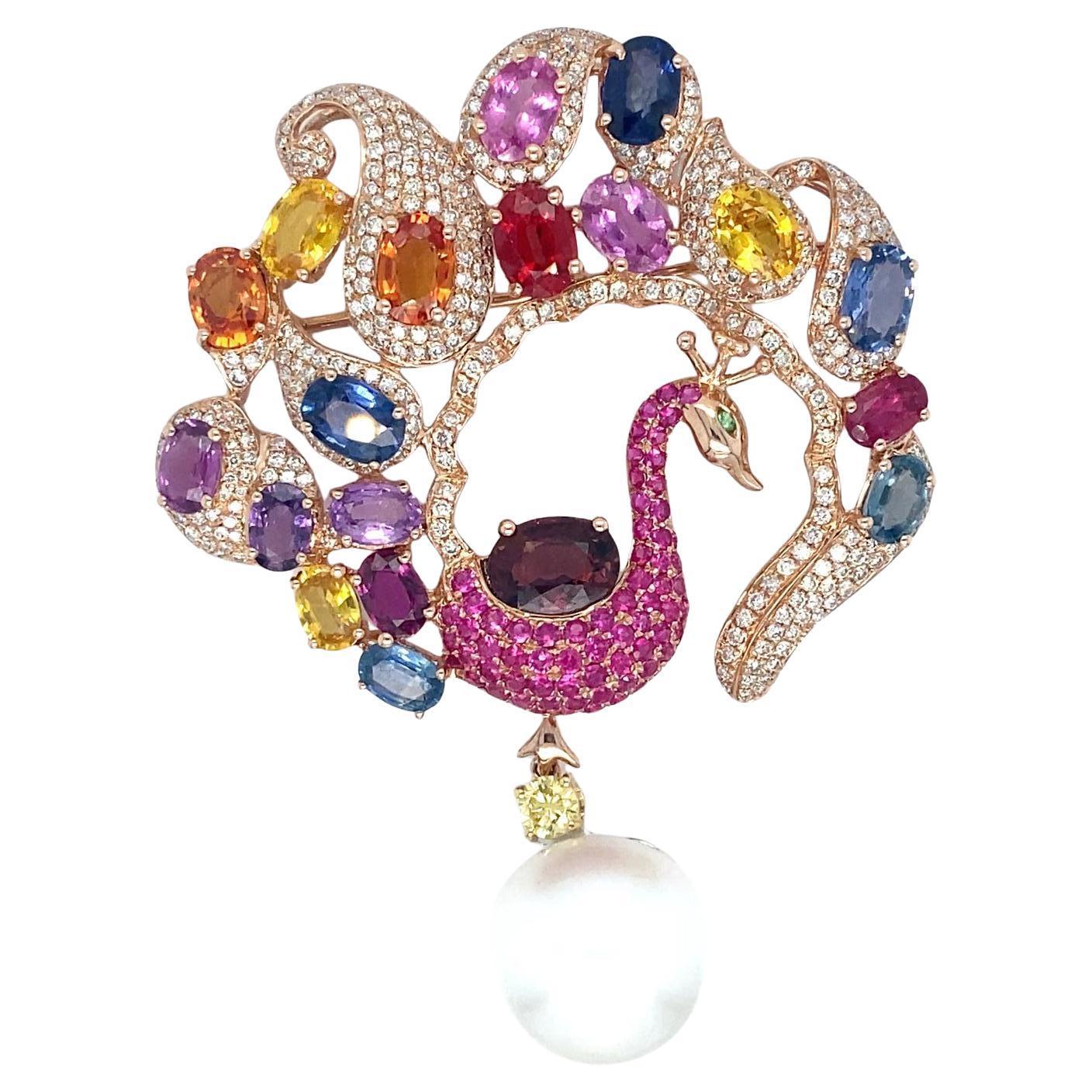 14k Rose Gold & 21ct Gemstones Peacock Brooch w/ Sapphire, Ruby, Diamond & Pearl