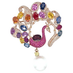 14k Rose Gold & 21ct Gemstones Peacock Brooch w/ Sapphire, Ruby, Diamond & Pearl