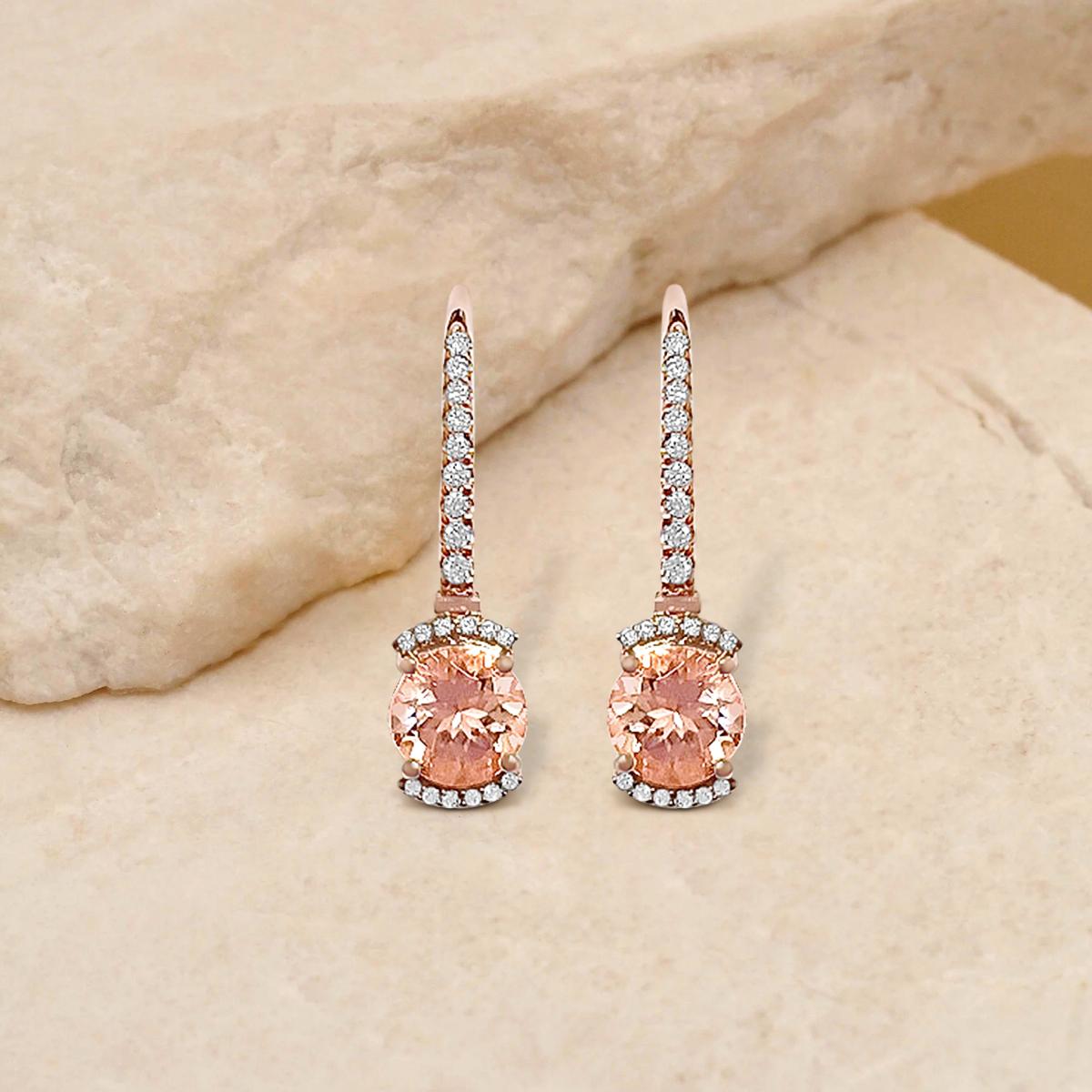 Modern 14K Rose Gold 2.20cts Morganite and Diamond Earring, Style# TS1302MOE For Sale