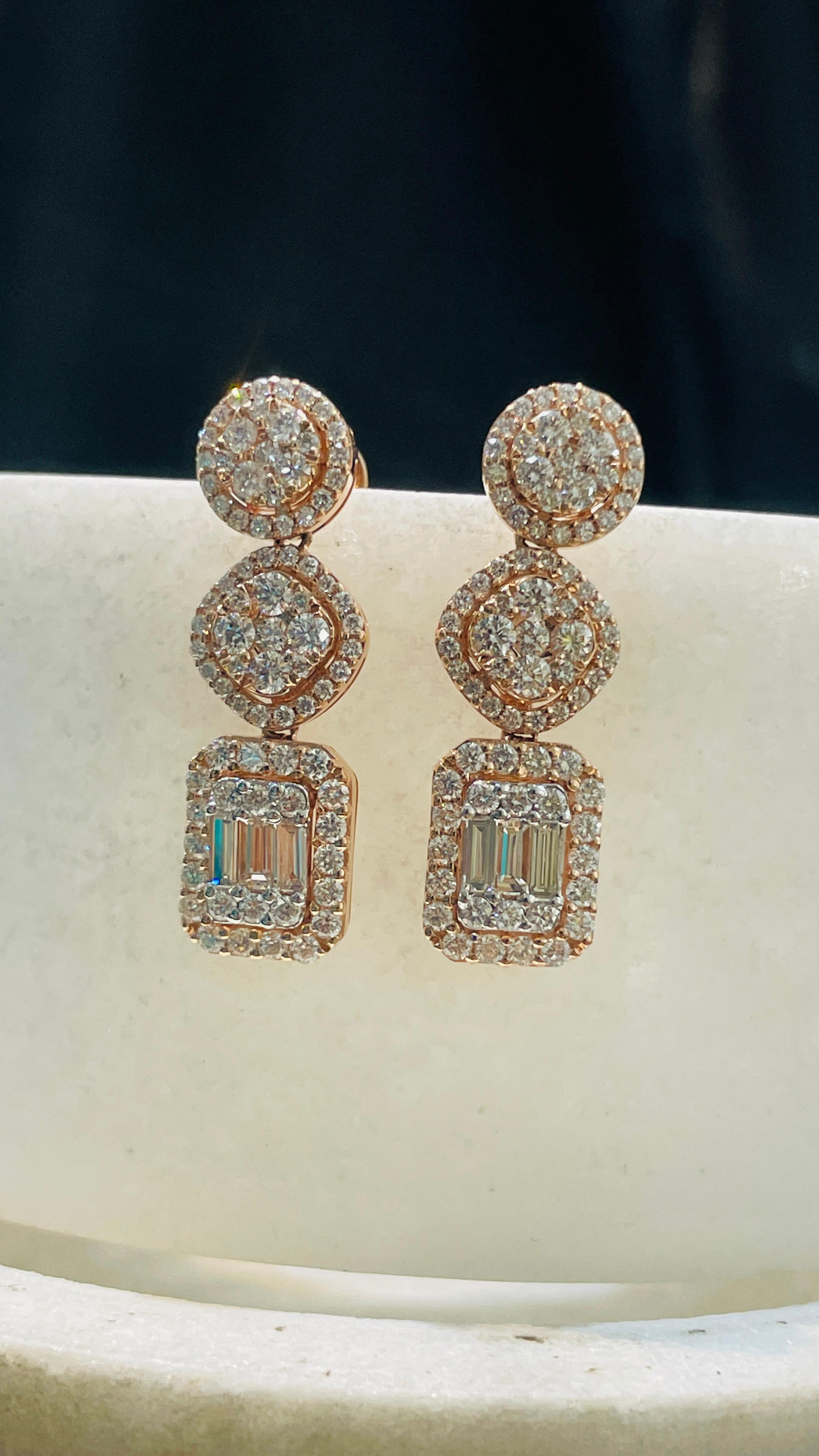 Artist 2.27 CTW Diamond Dangle Earrings in 14K Rose Gold for Engagement For Sale
