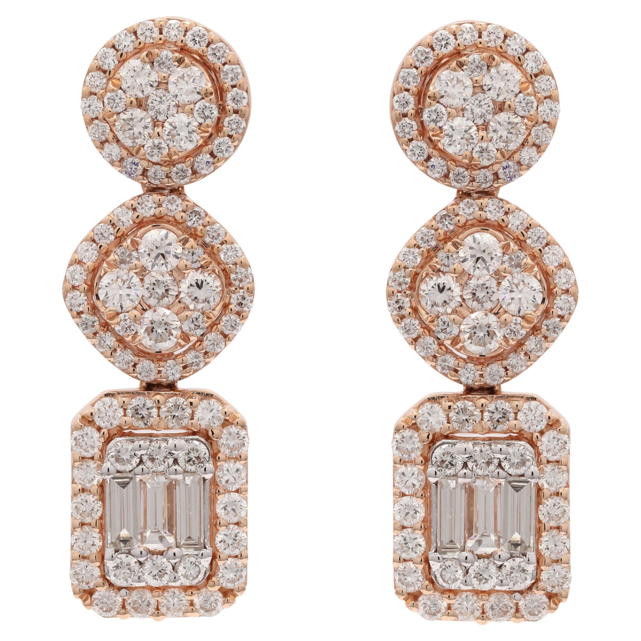 2.27 CTW Diamond Dangle Earrings in 14K Rose Gold for Engagement For Sale