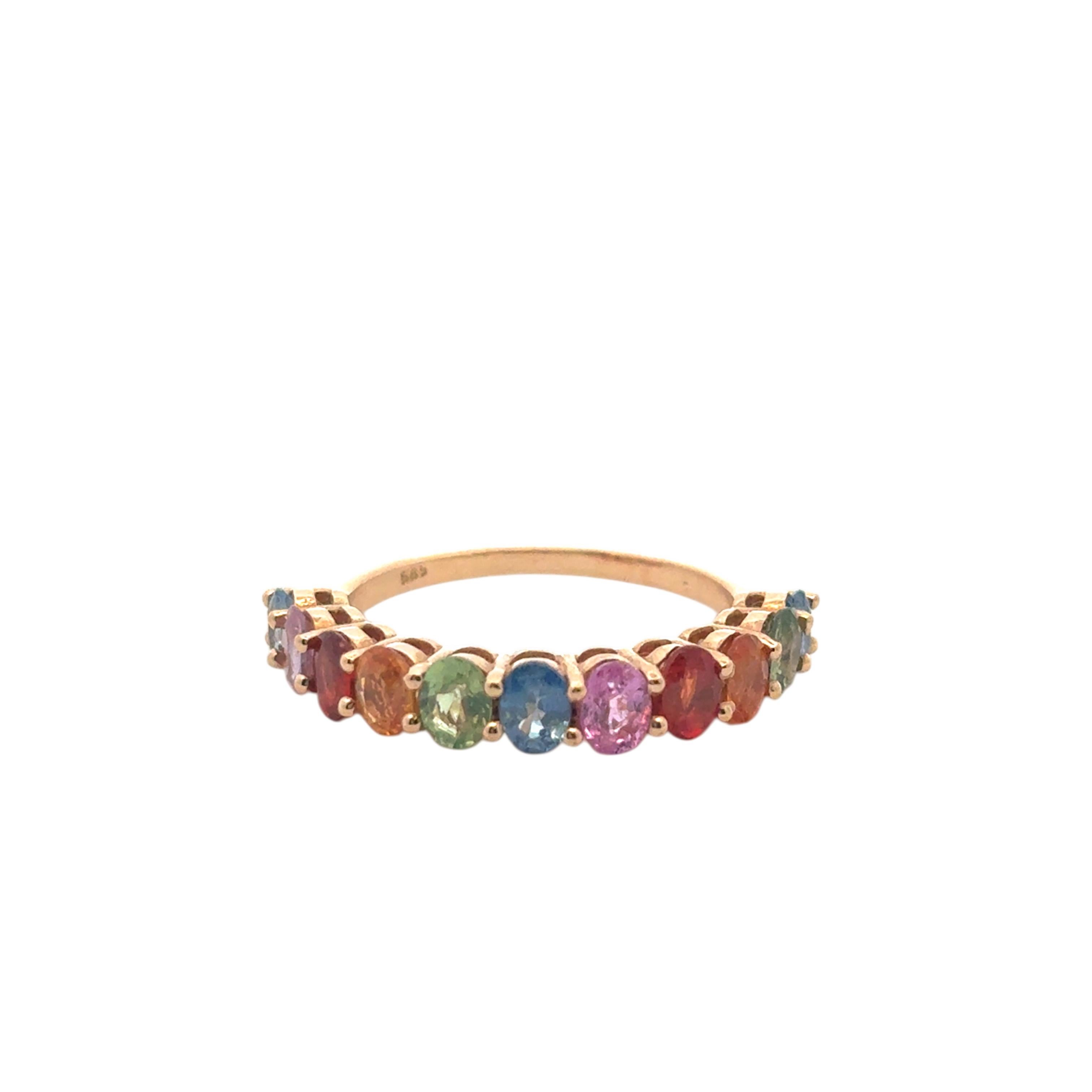 14k Rose Gold 2.4ctw Multicolor Oval Cut Sapphire Halfway Wedding Ring Band en vente 6